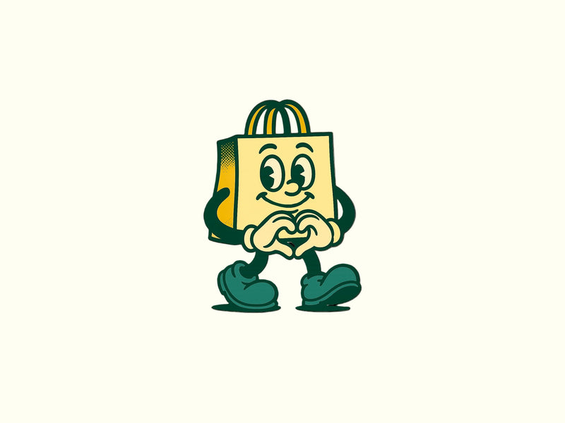 Cartoon character in a yellow bag with a face, arms, and legs on a white background