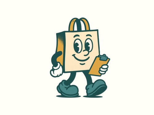 Cartoon shopping bag character with a smiley face holding a clipboard on a beige background