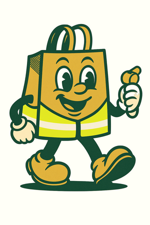 Cartoon character of a yellow bag with a face, arms, and legs holding a corn on a beige background