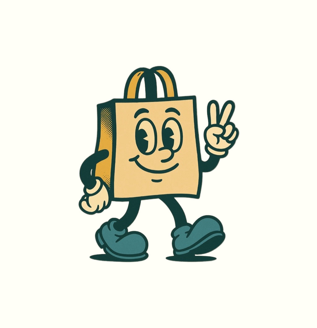 Cartoon shopping bag character giving a peace sign on a beige background